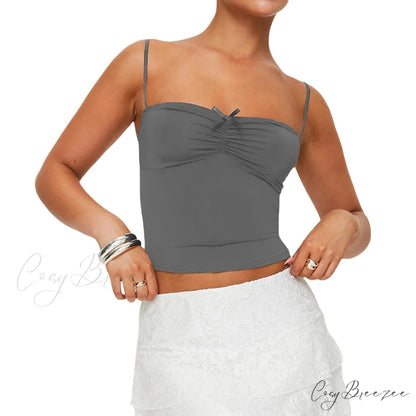 Slim Fit 3D Bow Ruched Sweetheart Neck Backless Spaghetti Strap Stylish Elegant Crop Top Dark Grey / S