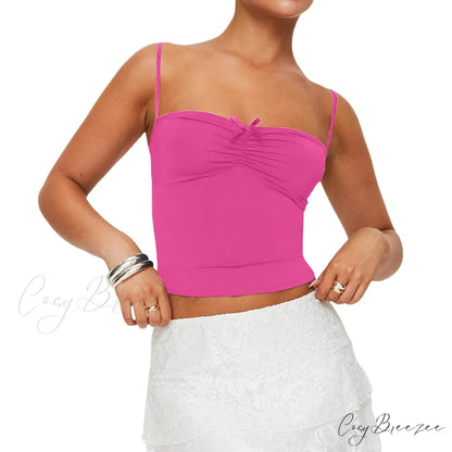 Slim Fit 3D Bow Ruched Sweetheart Neck Backless Spaghetti Strap Stylish Elegant Crop Top Rose Red / S