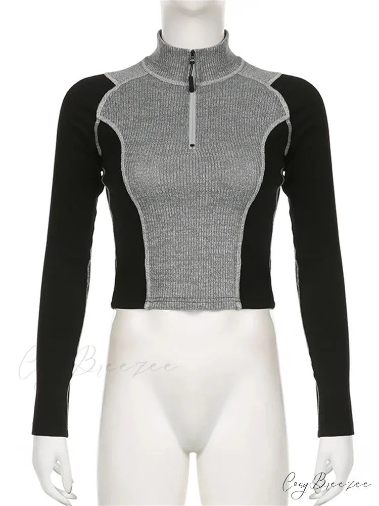Slim Fit Contrast Color High Neck Long Sleeve T-shirts