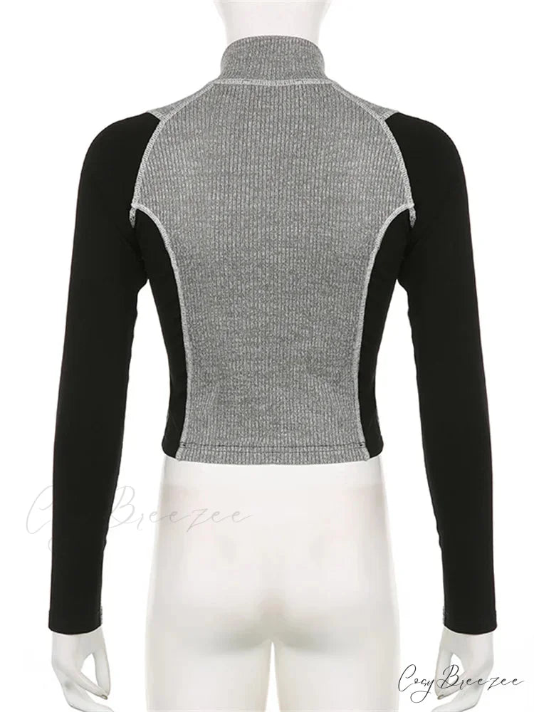 Slim Fit Contrast Color High Neck Long Sleeve T-shirts