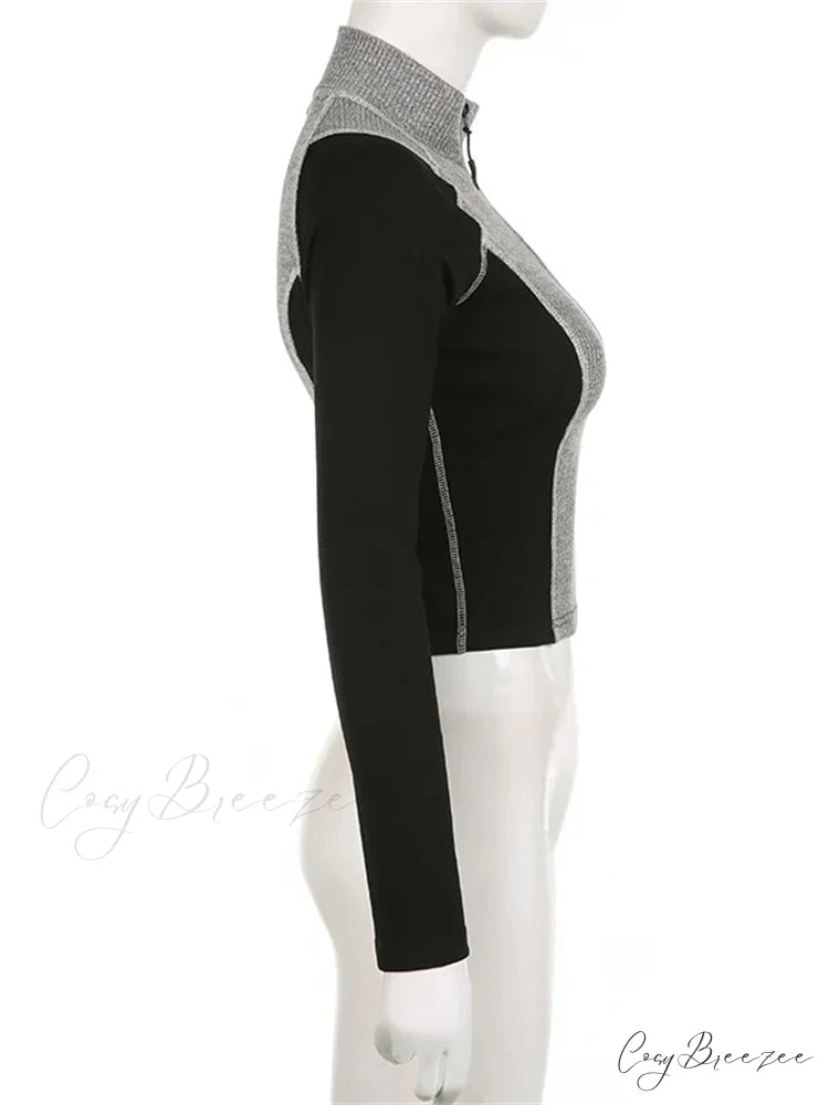 Slim Fit Contrast Color High Neck Long Sleeve T-shirts