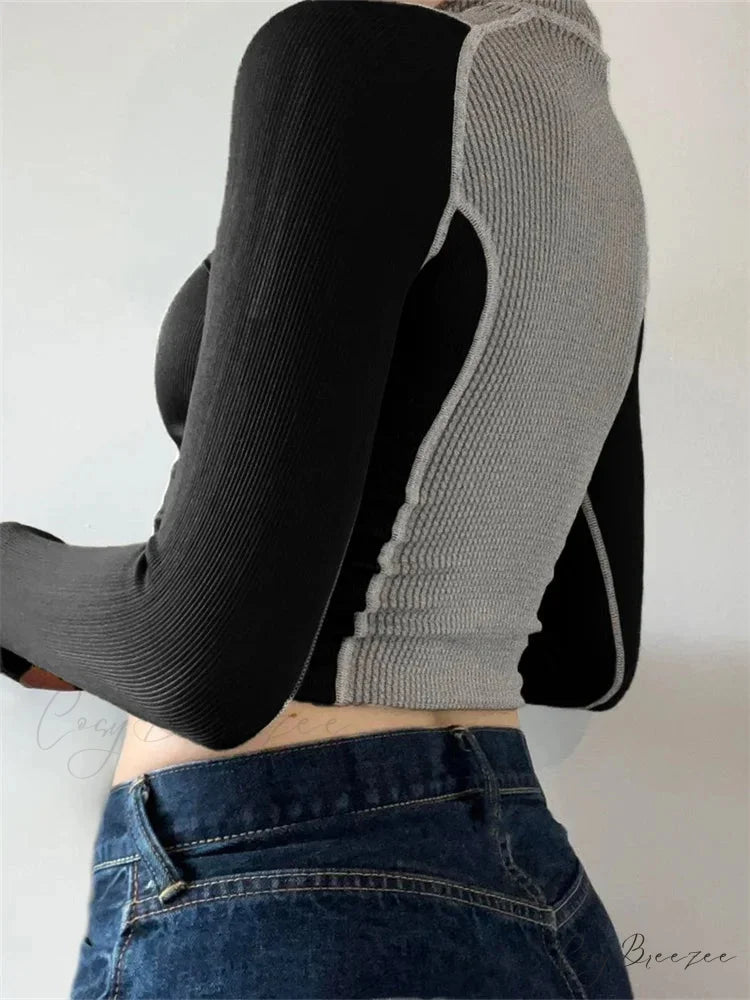 Slim Fit Contrast Color High Neck Long Sleeve T-shirts