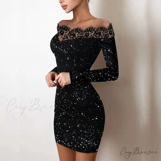 Slim-Fit Gown Silk Mini Off Hip Lace Shoulder Black Bag Party Bright Dress 01 Black / S