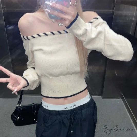 Slim Fit Korean Off-Shoulder Knitted Boat Neck Knit Top WHITE / One Size knittop-250126