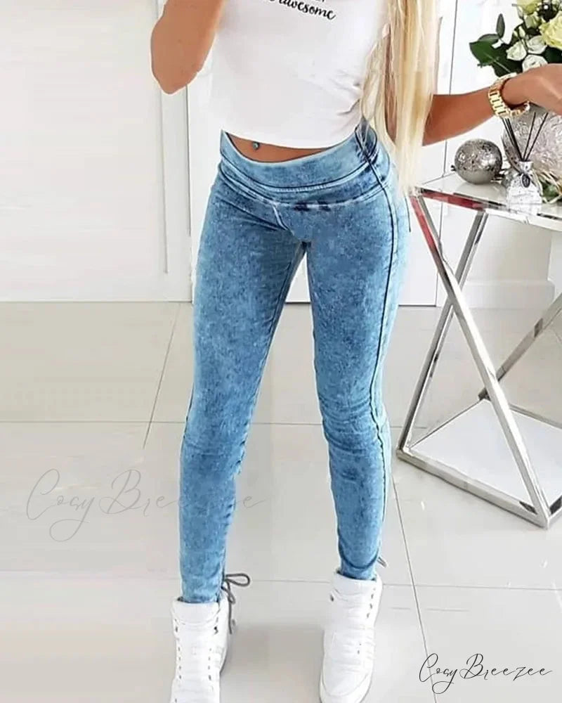 Slim-Fit Lace Up for Women Spring Autumn Fashion Streetwear Trousers Mid Waist Denim Pencil Pants Jean