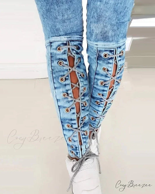 Slim-Fit Lace Up for Women Spring Autumn Fashion Streetwear Trousers Mid Waist Denim Pencil Pants Jean