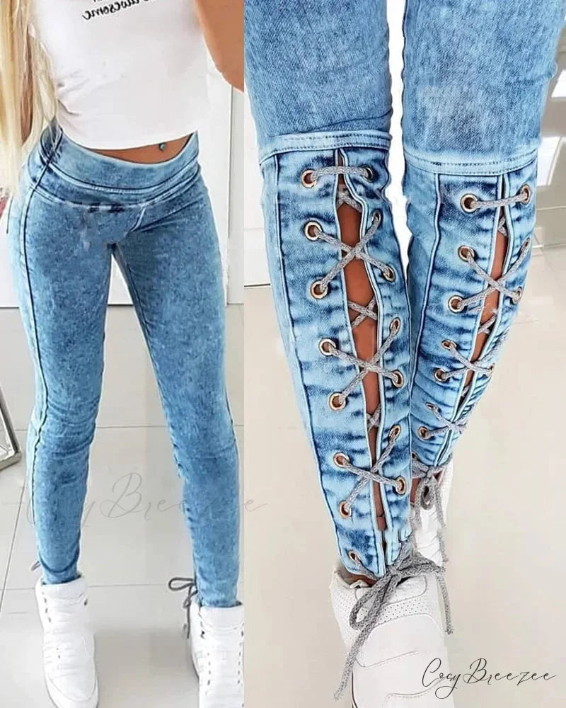 Slim-Fit Lace Up for Women Spring Autumn Fashion Streetwear Trousers Mid Waist Denim Pencil Pants Jean Blue / S