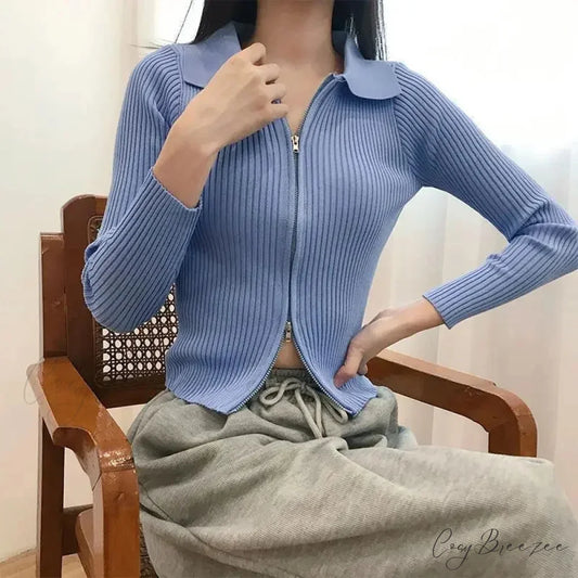 Slim Fit Polo Collar Double-Headed Zipper Knitted Cardigan Blue / One Size cardiagn-250126