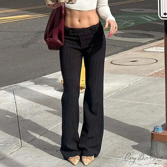 Slim Fit Striped Low Rise Fashion Pants Black / S pants-241228