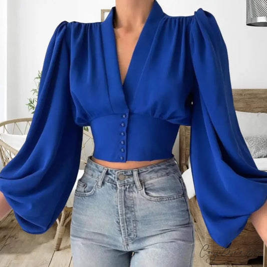Slim-fit V-neck Cropped Puffy Sleeve Blouse Blue / M blouse-250126
