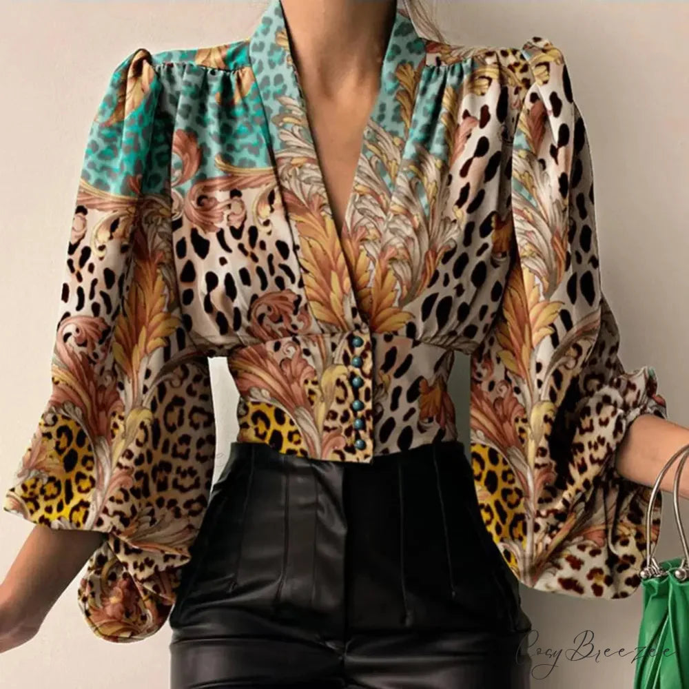 Slim-fit V-neck Cropped Puffy Sleeve Blouse Light Green / M blouse-250126