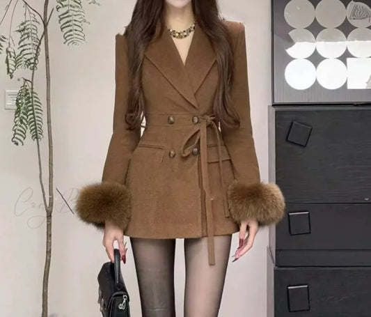 Slim Fit Woolen Gold Style Mid-Length Coat Brown / S overcoats-241228