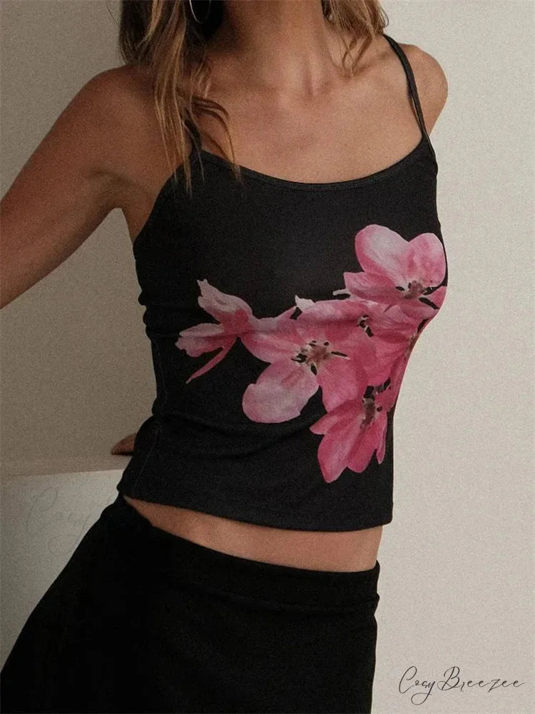 Slim Flower Print Spaghetti Strap Crop Top croptop-250126
