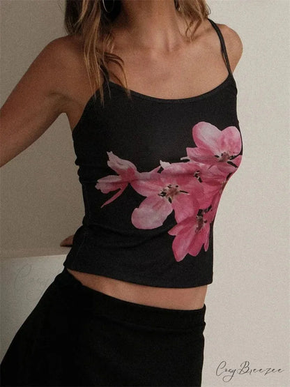 Slim Flower Print Spaghetti Strap Crop Top croptop-250126