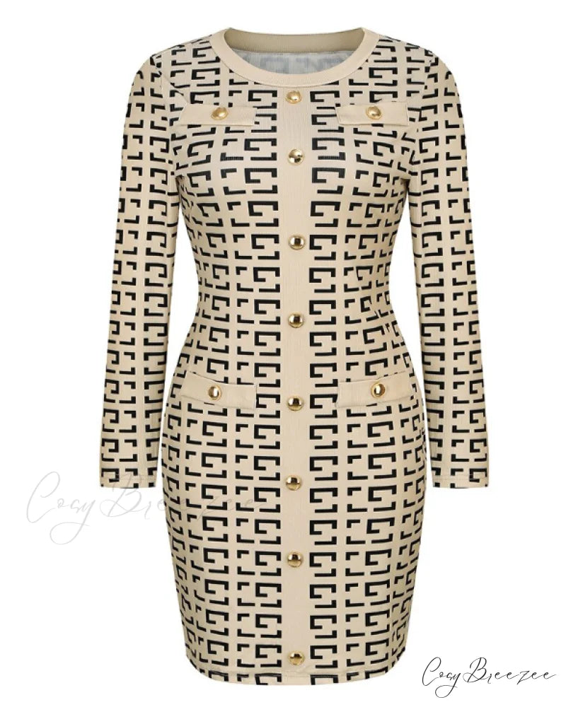 Slim Geometric Print Full Sleeve Knee-Length A-Line Party Dress L / KHAKI