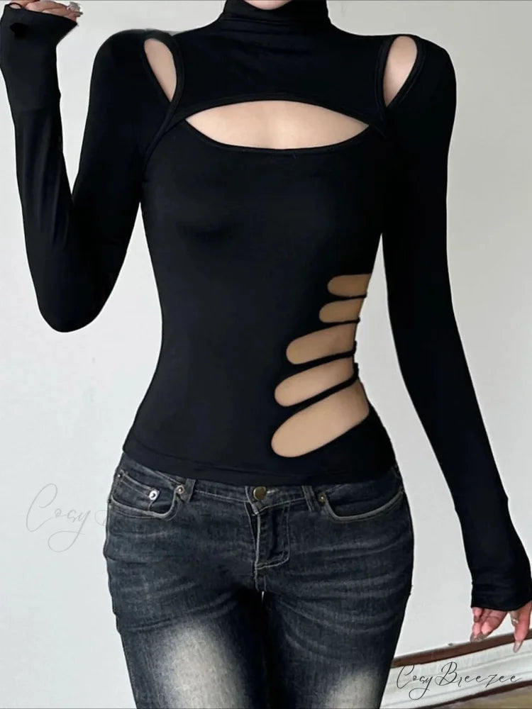 Slim Hollow Out Turtleneck Solid Long Sleeve Knit Top Black / S knittop-250126