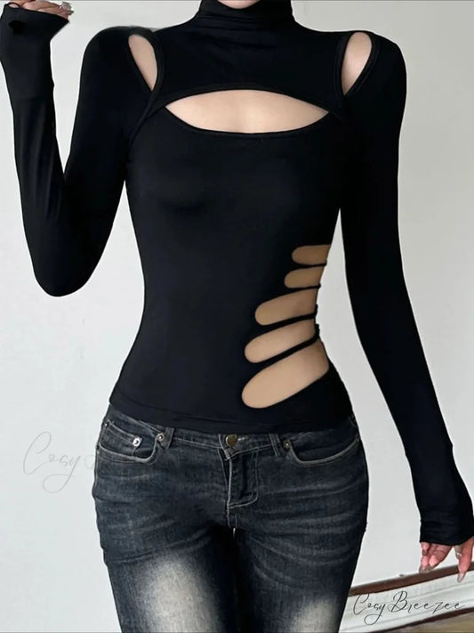 Slim Hollow Out Turtleneck Solid Long Sleeve Knit Top Black / S knittop-250126