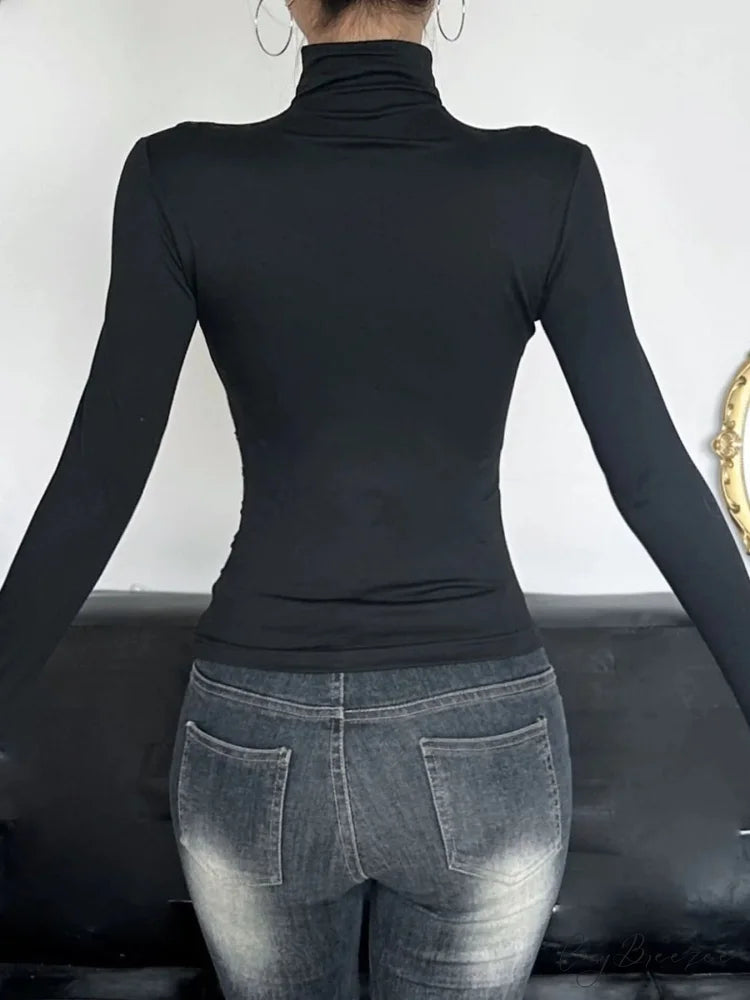 Slim Hollow Out Turtleneck Solid Long Sleeve Knit Top knittop-250126