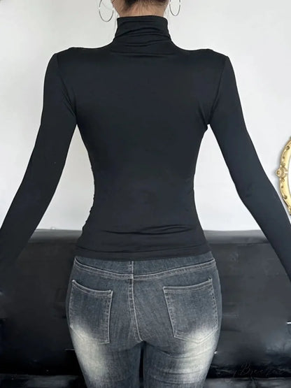 Slim Hollow Out Turtleneck Solid Long Sleeve Knit Top knittop-250126