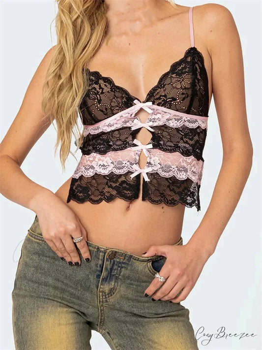 Slim Lace Bowknot Cutout Spaghetti Crop Top BLACK / S croptop-250126