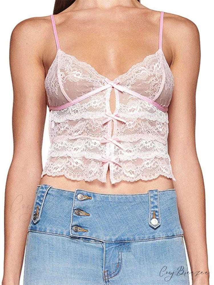 Slim Lace Bowknot Cutout Spaghetti Crop Top WHITE / S croptop-250126