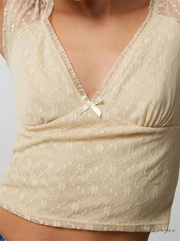 Slim Lace Patchwork Deep V-neck Crop Top croptop-250126
