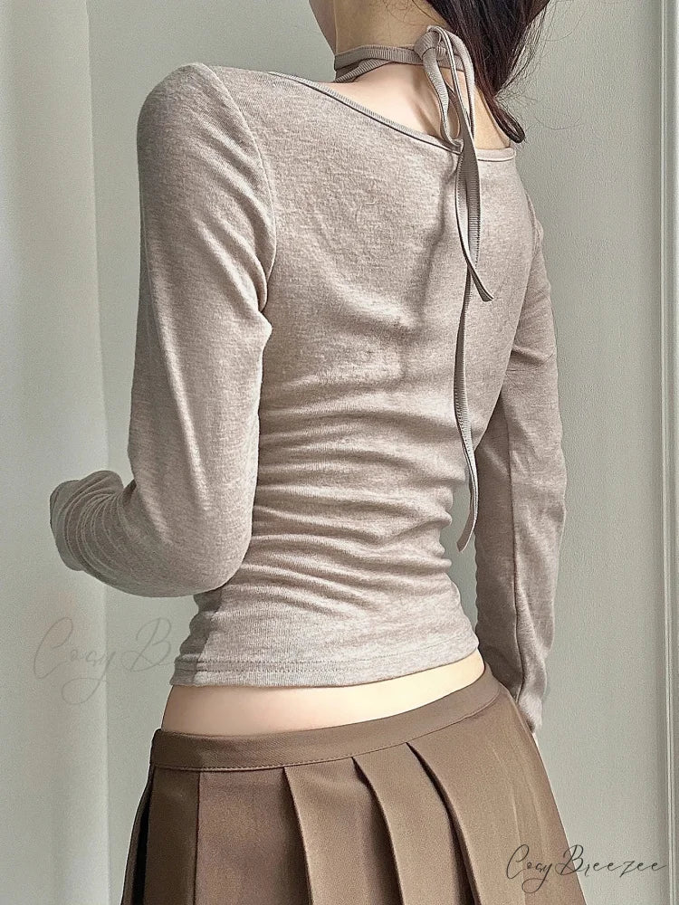 Slim Lace Trim Halter V-Neck Long Sleeve Knit Top knittop-250126