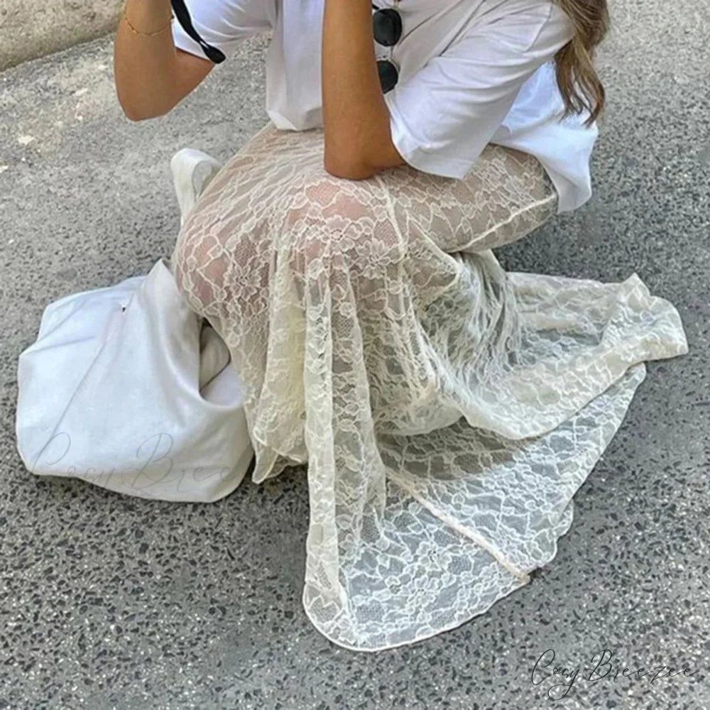 Slim Lace Trumpet See Through Sexy Maxi Skirt