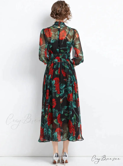 Slim Long Sleeve Chiffon Dress with Rose Print