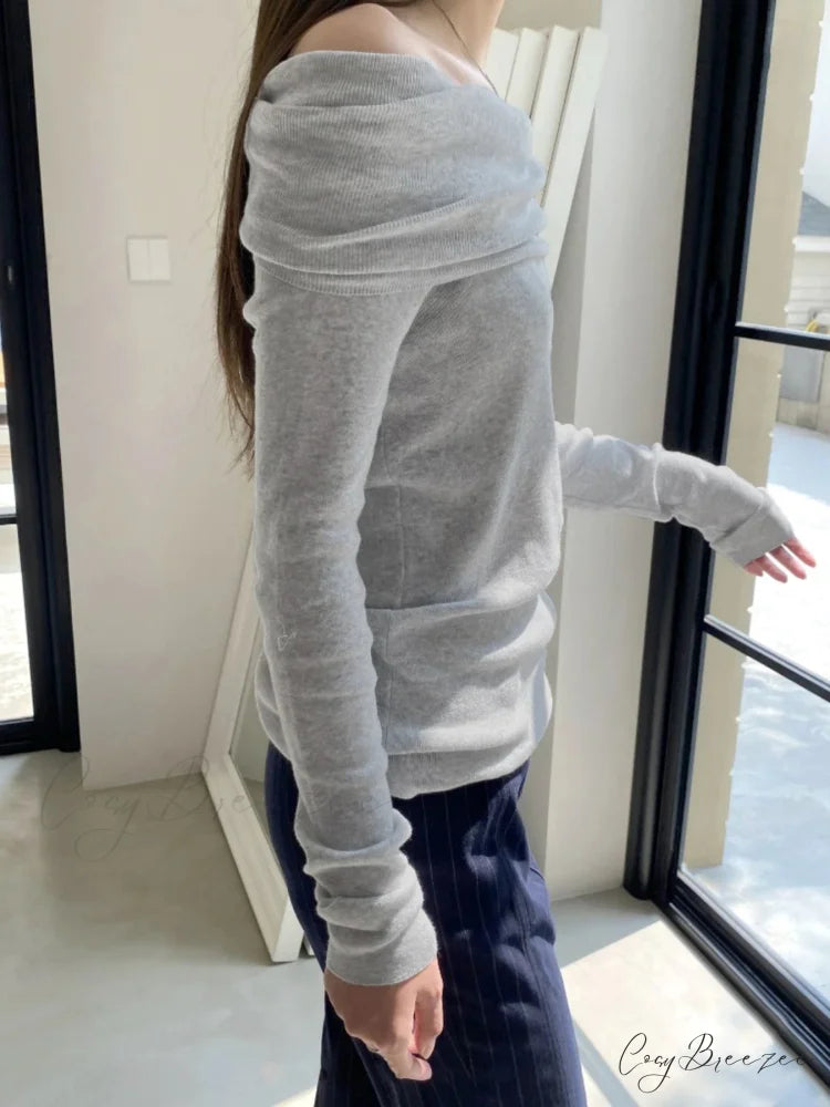 Slim Off-Shoulder Solid Slash Neck Long Sleeve Knit Top knittop-250126