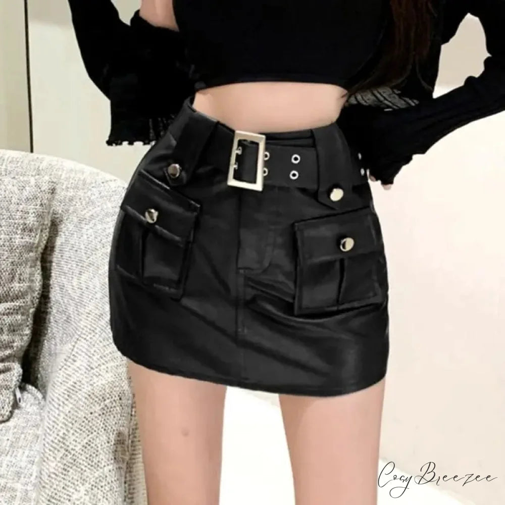 Slim Pocket Wrap PU Skirt Black / S skirts-250223
