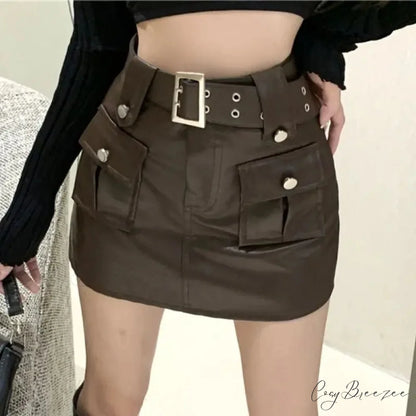Slim Pocket Wrap PU Skirt Brown / S skirts-250223