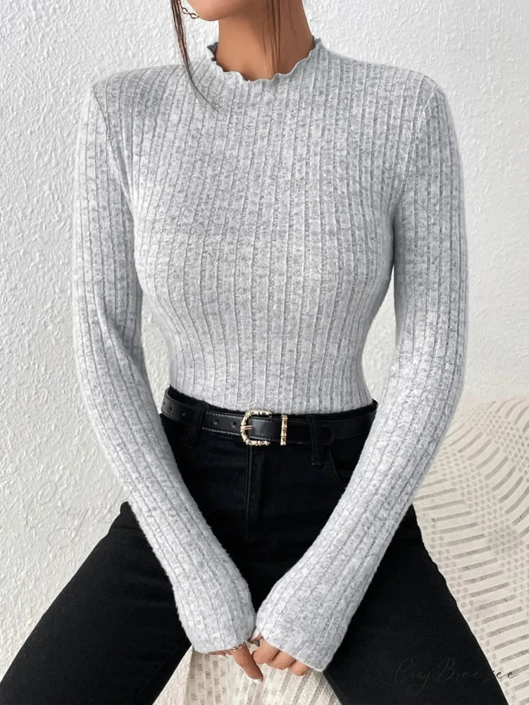 Slim Ruffle Neck Lace Mid-Collar Striped Sweater Knit Top Women knittop-250126