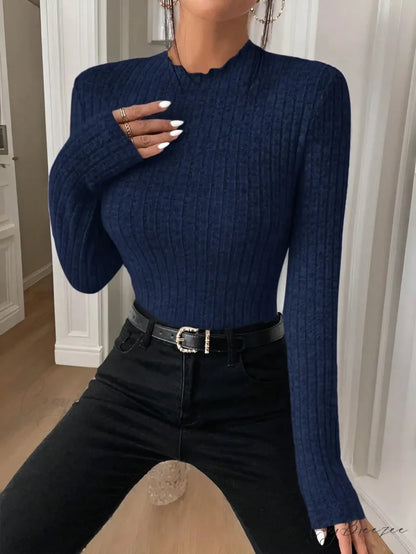 Slim Ruffle Neck Lace Mid-Collar Striped Sweater Knit Top Women Navy blue / XS knittop-250126