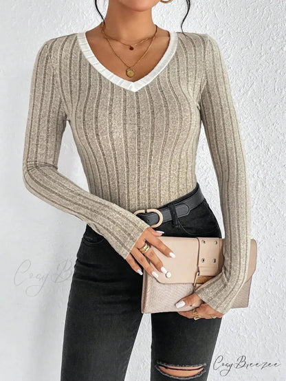 Slim Sexy V-Neck Neck Edge Clash Pullover Top Women knittop-250126