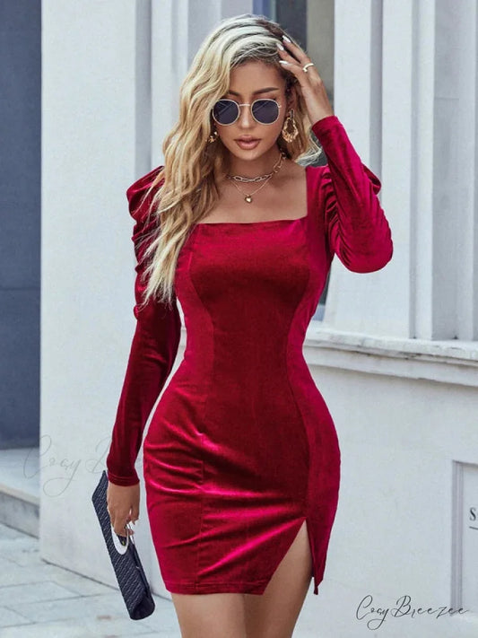 SLIM SQUARE NECK VELVET LONG SLEEVE DRESS XS / burgundy