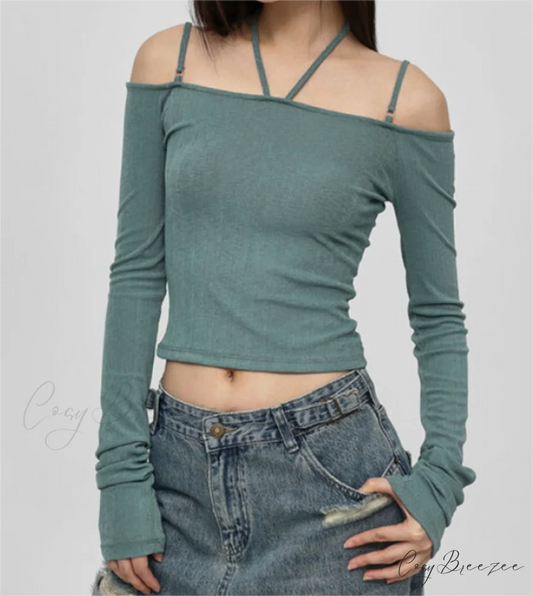 Slim T-Shirt Off-Neck Fit Long Crop Autumn Knitted Two-Tone Arm Top