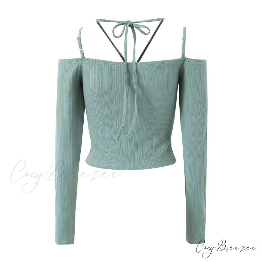 Slim T-Shirt Off-Neck Fit Long Crop Autumn Knitted Two-Tone Arm Top