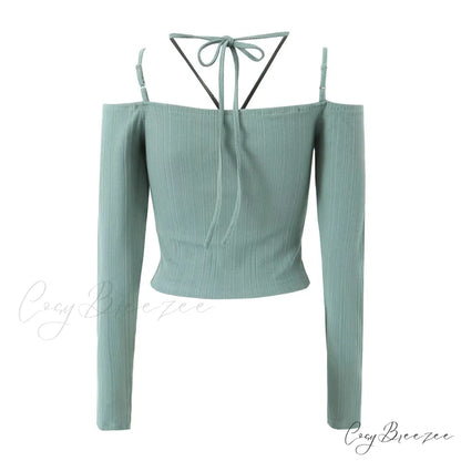 Slim T-Shirt Off-Neck Fit Long Crop Autumn Knitted Two-Tone Arm Top