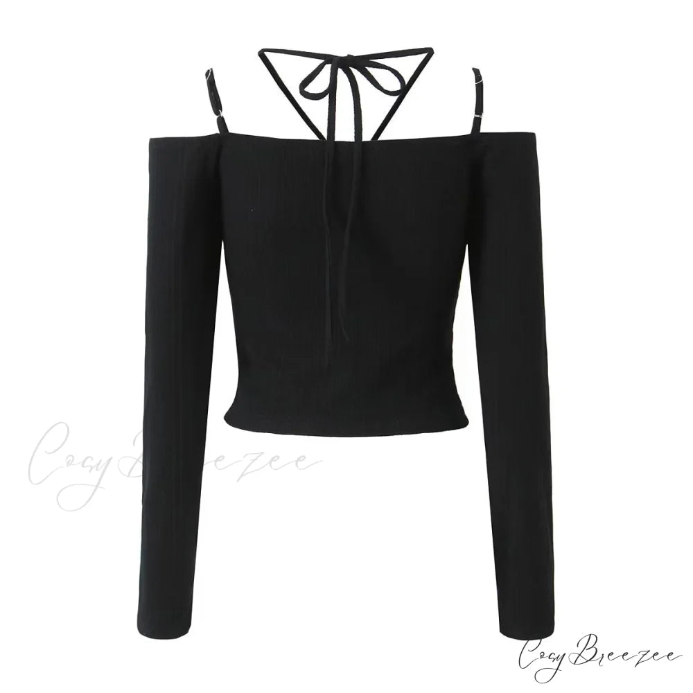Slim T-Shirt Off-Neck Fit Long Crop Autumn Knitted Two-Tone Arm Top