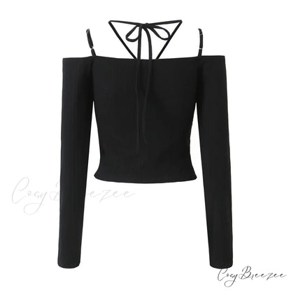 Slim T-Shirt Off-Neck Fit Long Crop Autumn Knitted Two-Tone Arm Top