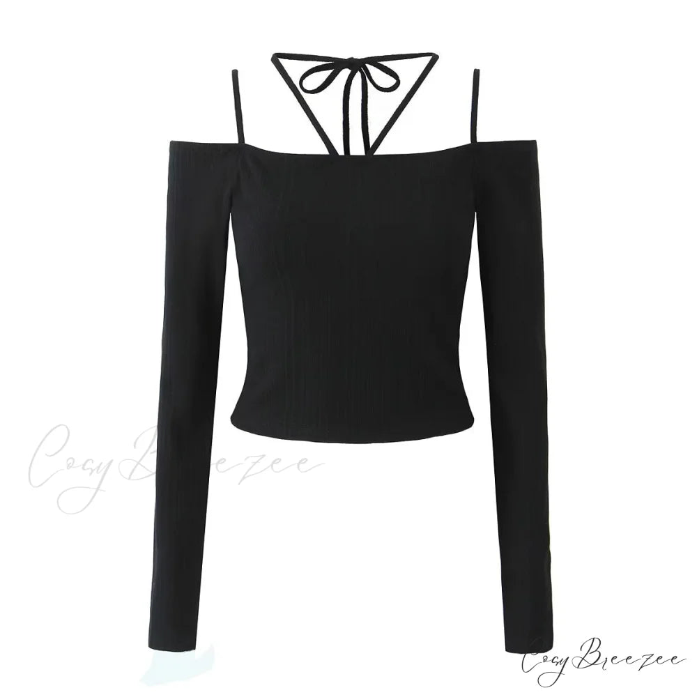 Slim T-Shirt Off-Neck Fit Long Crop Autumn Knitted Two-Tone Arm Top S / Black