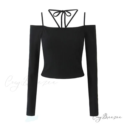 Slim T-Shirt Off-Neck Fit Long Crop Autumn Knitted Two-Tone Arm Top S / Black