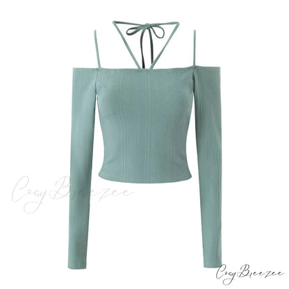 Slim T-Shirt Off-Neck Fit Long Crop Autumn Knitted Two-Tone Arm Top S / Green Beans