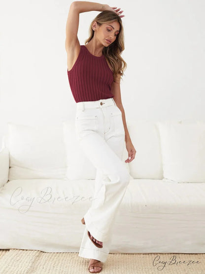 Slim Vest Sleeveless Ribbed Fit Hood Knitted