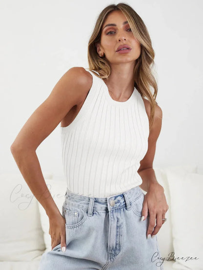 Slim Vest Sleeveless Ribbed Fit Hood Knitted White / S