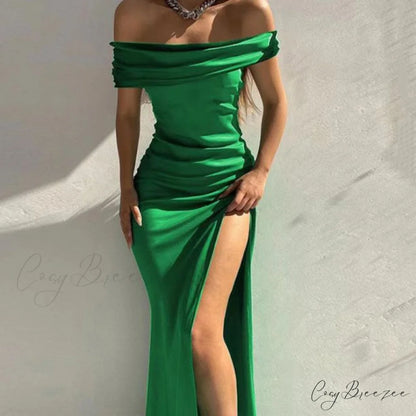 Slim Vestido Gown Solid Party Slit High Off Evening Elegant Prom Shoulder Femme Green / S