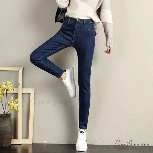 Slimming Effect Pencil Small Feet Thick Denim Autumn And Winter Plush High Waist Elastic Jean Black / 25
