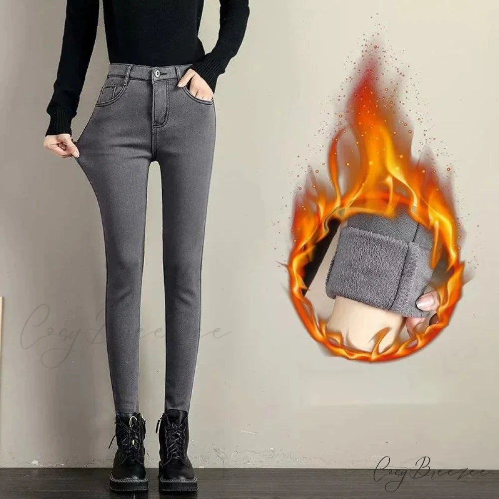 Slimming Effect Pencil Small Feet Thick Denim Autumn And Winter Plush High Waist Elastic Jean GRAY / 25