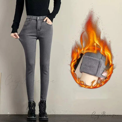 Slimming Effect Pencil Small Feet Thick Denim Autumn And Winter Plush High Waist Elastic Jean GRAY / 25